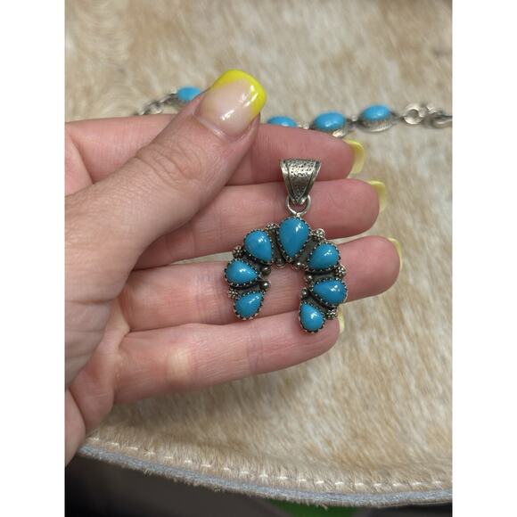 Native American SW Sterling Silver Blue Turquoise Naja Squash Blossom Pendant - Picture 8 of 8